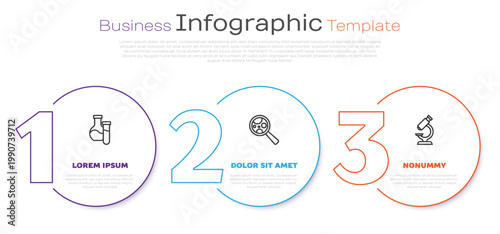 Set line Test tube, Microorganisms under magnifier and Microscope. Business infographic template. Vector