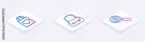 Set Isometric line Shopping bag with heart, Handbag and Search 8 March. White square button. Vector