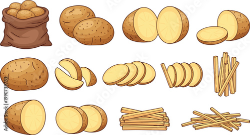 Large collection of raw potato icons with whole tubers slices wedges french fries and burlap sack isolated on white background vector illustration