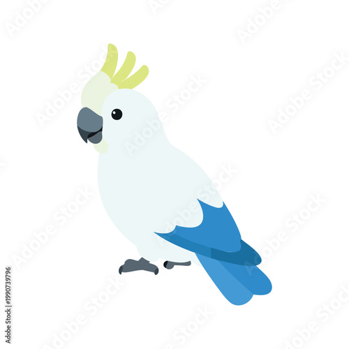 Adorable cartoon cockatoo with a bright yellow crest sitting on a white background