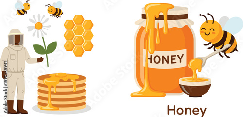 Honey and Beekeeping Illustration Set with Beekeeper, Bees, Honey Jar, and Pancakes Representing Organic Sweet Food and Apiculture Concept in Vector Design