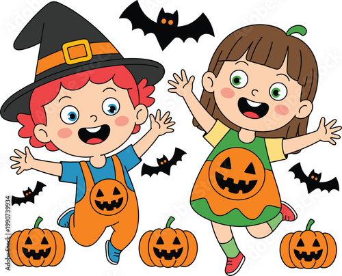 Happy kids in Halloween costumes with pumpkins bats and festive fun