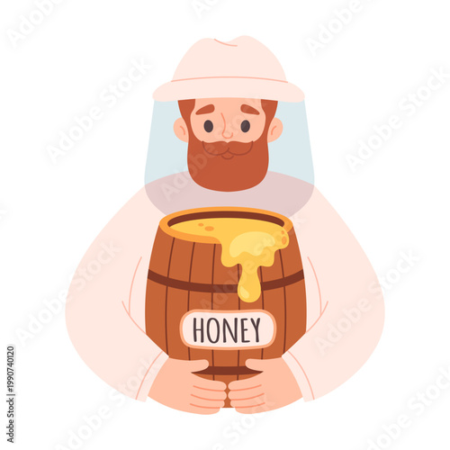 Beekeeper with honey barrel. Perfect for organic product branding, kids projects, storybook designs, educational materials, and stickers. Flat vector illustration