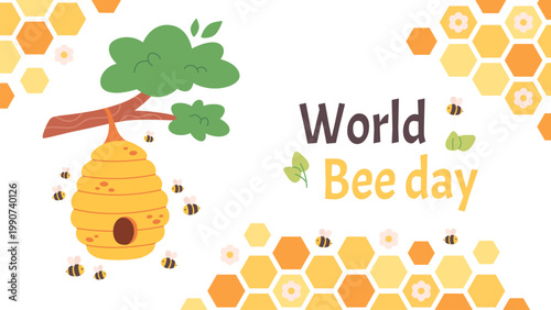 World bee day greeting card. Perfect for banners, posters, organic products branding and educational materials. Flat vector illustration