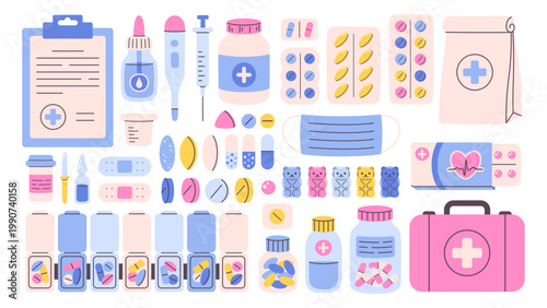 Collection of medical pills. Set of capsules, tablets, blister packs, medicine bottles, pill organizer. Healthcare and pharmacy concept. Vector illustration on a white background