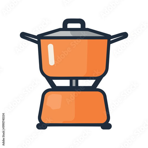 Illustration of an orange fondue pot with a lid on a warmer for a cozy night in