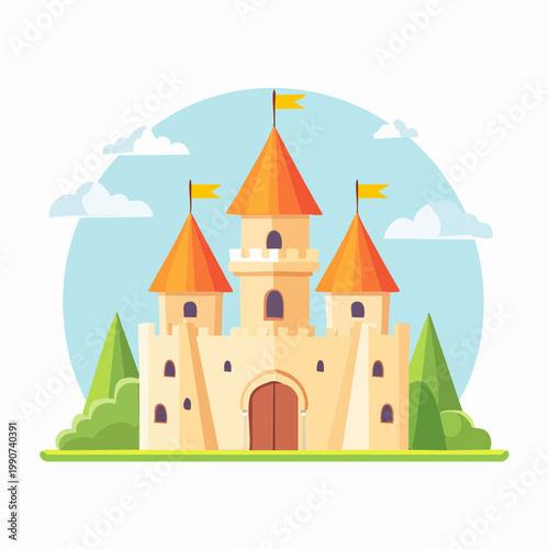 おとぎ話や魔法の世界をイメージしたファンタジーの城のフラットベクターアイコン