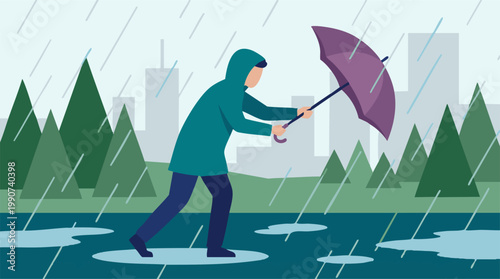 Person in raincoat struggling with an inverted umbrella during a windy rainstorm