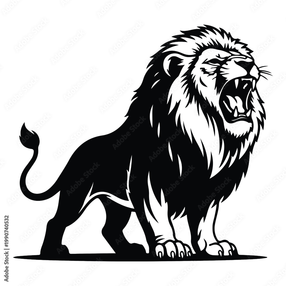 Fototapeta premium Lion profile roar vector design featuring detailed mane and open jaws in black and white graphic art.