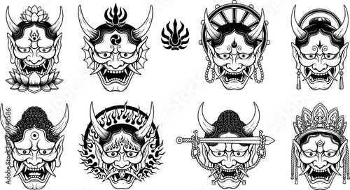 Bild auf Leinwand Collection of Traditional Asian Demon Masks with Cultural and Spiritual Elements