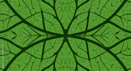 Abstract green veins create a symmetrical, organic pattern resembling a leaf's structure