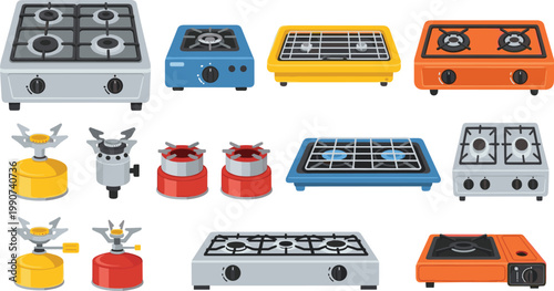 Collection of Various Gas Stove Designs, Portable Cooking Stoves and Gas Cylinders in Different Styles and Colors, Vector Illustration