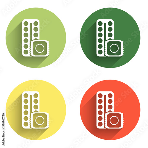 Set Packaging of birth control pills and condom in package safe sex icon isolated with long shadow background. Contraceptive pill. Color circle button. Vector