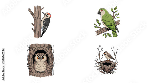 Feathered Friends Collection: A charming collection of illustrations showcasing the varied beauty of avifauna, each image capturing a different bird species in its natural habitat.