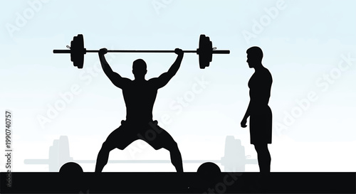 Weightlifter and coach in silhouette style with weightlifting, silhouette