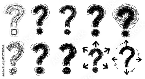 Collection of Hand-Drawn Question Marks in Various Styles, Representing Confusion and Uncertainty