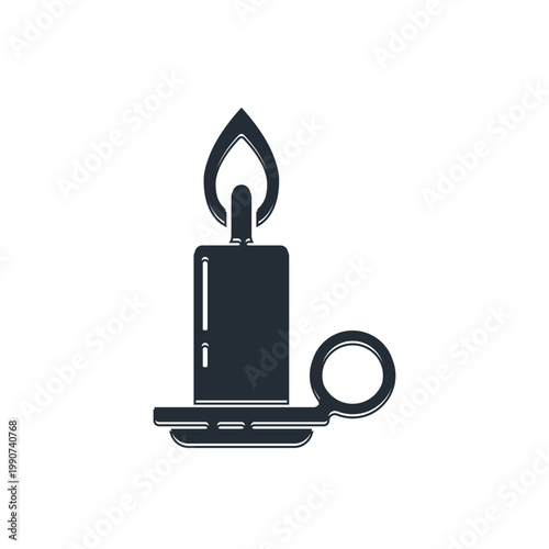 Black Burning candle in candlestick icon isolated on white background. Cylindrical candle stick with burning flame. Vector