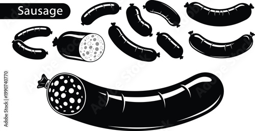 Sausage Icon Set with Whole and Cut Pieces Representing Meat Products, Cooking Ingredients, and Deli Food in Vector Illustration