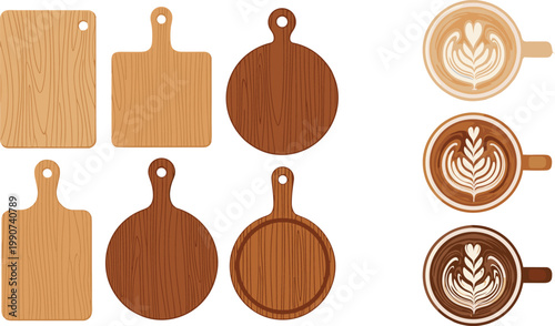 Wooden Cutting Board Set with Different Shapes and Coffee Cups with Latte Art Representing Kitchen Tools and Beverage Design in Vector Illustration