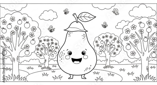 Cute Pear Character in an Orchard Coloring Page for Kids.
