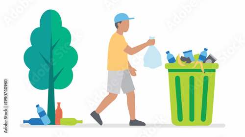 Man disposing of trash in a bin, promoting environmental cleanliness