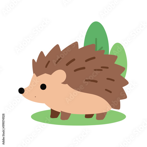 Cartoon illustration shows a hedgehog on a patch of green grass with two green trees behind it on a white background.
