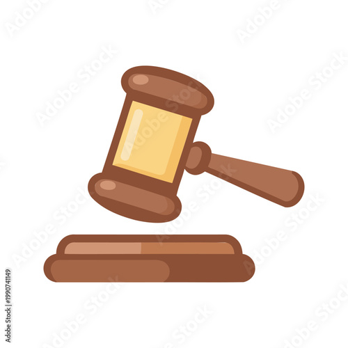 Wooden gavel with striking block rests in a neutral setting and represents a symbol of authority and the concept of justice.