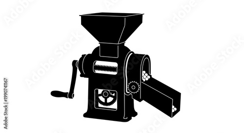 Vintage manual coffee grinder with wooden handle and metal hopper isolated on white background