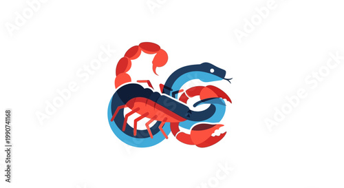 Scorpion and Snake illustration, zodiac sign scorpio, fight or battle, dangerous animals, vector art