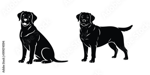 Labrador Retriever Dog Silhouette Set, Sitting and Standing Poses Vector Illustration