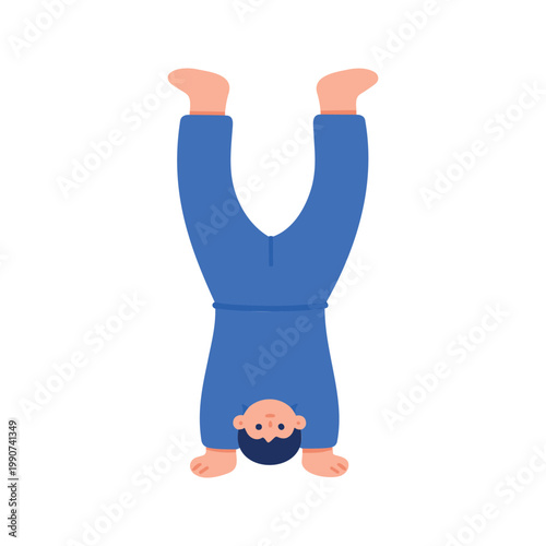 Cartoon person wearing blue outfit is doing a handstand against a white background