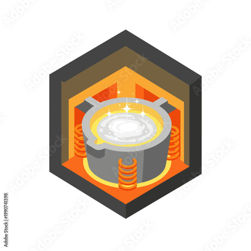 Isometric Illustration of Industrial Furnace with Molten Metal.