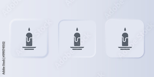 Grey Burning candle icon isolated on grey background. Cylindrical candle stick with burning flame. Set icons in square buttons. Vector