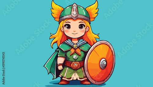 Chibi Viking Girl with Shield and Winged Helmet Illustration.