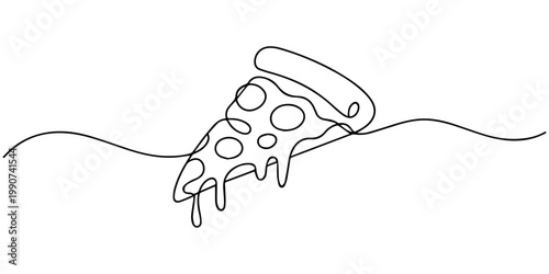 A single continuous line drawing of a delicious pepperoni pizza with one slice being pulled out, Simple pizza slice continuous one line drawing minimalist italian fast food outline vector illustration