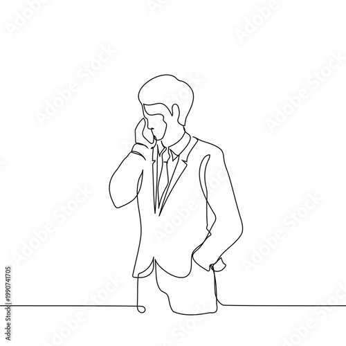 Continuous single line drawing of a businessman in a suit talking on a smartphone. Minimalist illustration of professional communication, business consulting, or manager at work