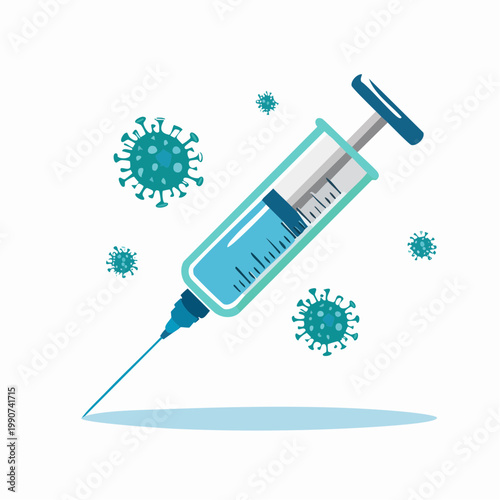 ワクチン接種や医療を示すウイルスと注射器のシンプルなフラットベクターアイコン