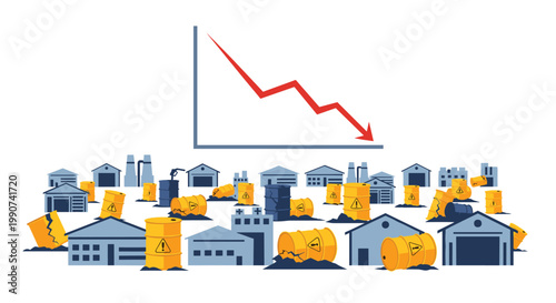 Dramatic red line graph plummets sharply over a sprawling landscape of blue industrial warehouses and numerous leaking yellow hazardous waste containers.