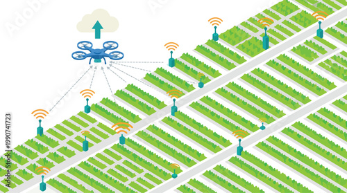 Isometric view of a smart agriculture farm with a drone monitoring crops and sensors