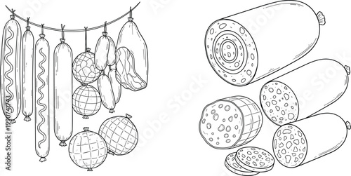 Sausage and Salami Set with Hanging Meats and Sliced Cuts Representing Butcher Products and Deli Food in Vector Illustration