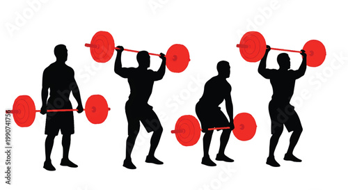 Weightlifting exercises in red and black silhouette style with weightlifting