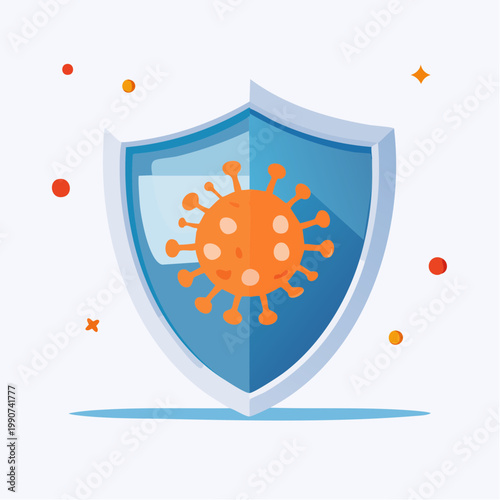 免疫力やウイルス対策を示す盾で防がれるウイルスのフラットベクターアイコン