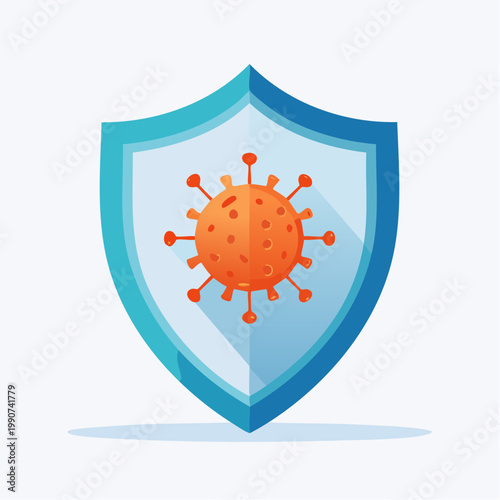 免疫力やウイルス対策を示す盾で防がれるウイルスのフラットベクターアイコン