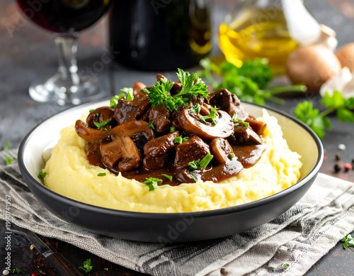 Hearty Beef Stew with Creamy Mashed Potatoes and Mushrooms.