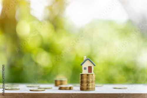 The image from the mirrorless camera shows a House put on the gold coin in the public park, Saving money or loan for real estate with buy a new home and investment concept.