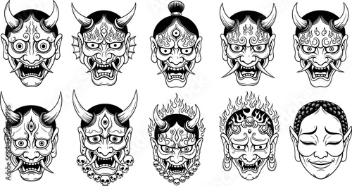 Collection of Traditional Demonic and Spiritual Masks with Cultural Details for Fantasy, Mythology, and Halloween Digital Media