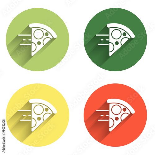 Set Online ordering and fast pizza delivery icon isolated with long shadow background. Color circle button. Vector