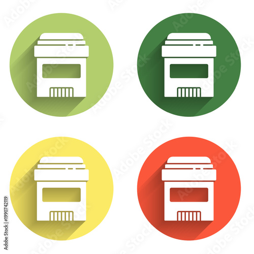 Set Antiperspirant deodorant roll icon isolated with long shadow background. Cosmetic for body hygiene. Color circle button. Vector