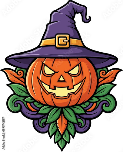 Halloween pumpkin in witch hat smiling.