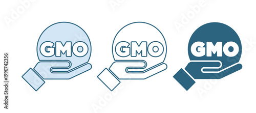 Blue GMO icon isolated on white background. Genetically modified organism acronym. Dna food modification. Vector